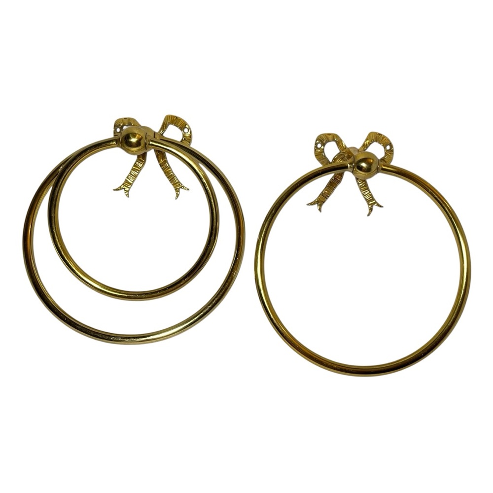 Pair Vintage Brass Towel Rings Ribbon Bow Wall Mount Bathroom Hardware